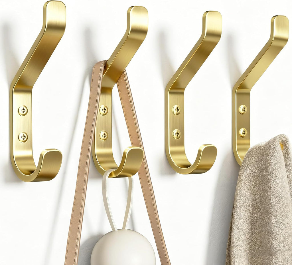 Coat Hooks Wall Mount for Hanging: 20LB Sturdy Hanger for Backpack, Towel, Bag, for Closet, Bathroom, Door, Mushroom, Brushed Gold 4 Pack, 3.75"