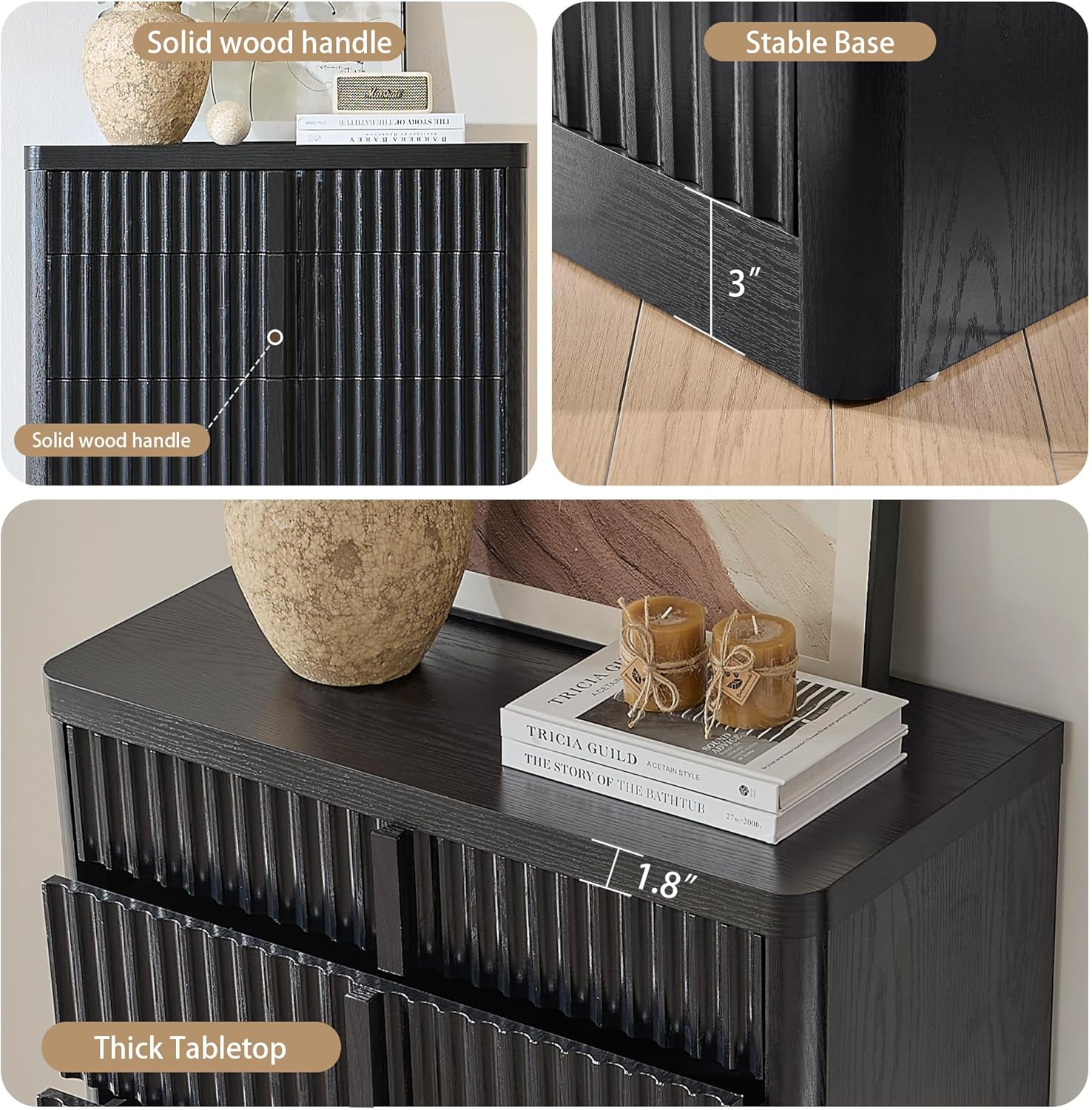 Black Fluted Dresser for Bedroom, Chest of Drawers, 48" Tall 6 Drawer Dresser, Curved Profile Design, Modern Wooden Chest of Drawers with Solid Wood Handle for Living Room, Bedroom