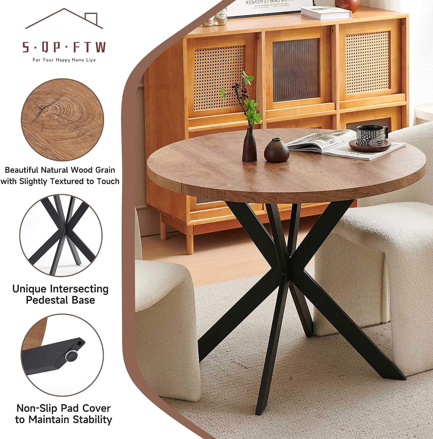 37 Inch Round Dining Table Set for 4, Modern Small Circle Kitchen Coffee Set for Apartment Living Room Office, Save Space(1 Wooden Table + 2 Grey PU Leather Chairs)