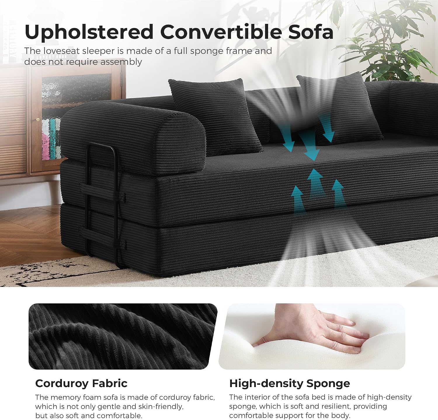 79" Convertible Sofa Bed, Boneless Couches for Living Room | Corduroy Futon Sofa Bed with Pocket Springs, Modular Sleeper Couch in a Box, No Assembly, Black