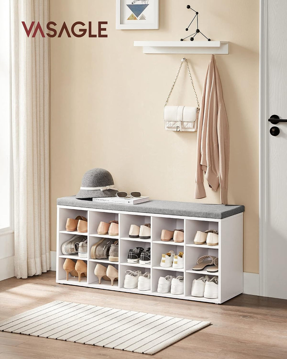 VASAGLE Shoe Bench with Cushion, 15 Compartments, 11.8 x 41.3 x 18.9 Inches |...