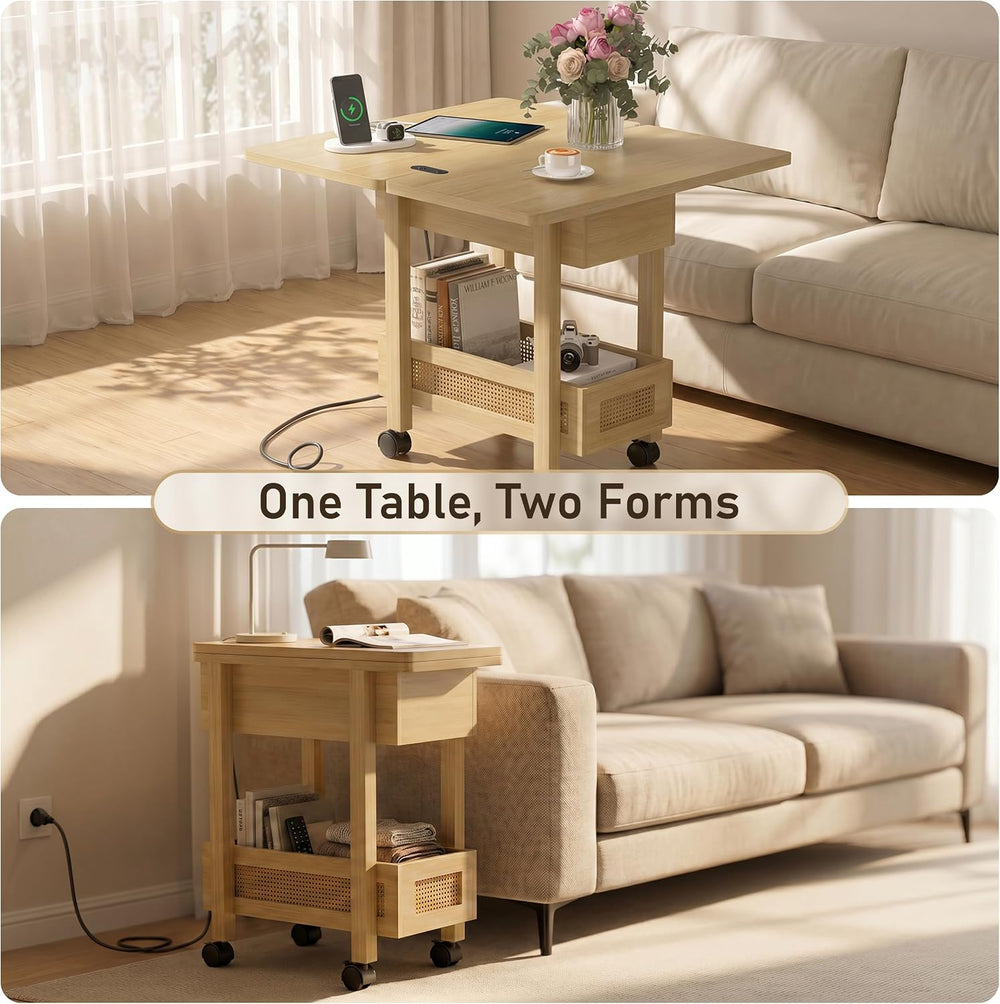 YOSHOOT Narrow End Table with Charging Station, Small Bedside Table