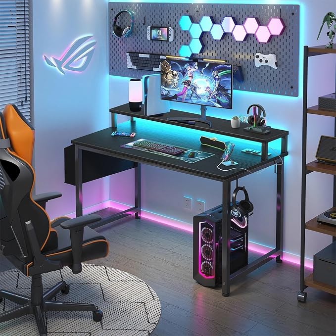 Lufeiya Small Desk with Power Outlets and LED Lights, 32 Inch Teen Writing Study Table Home Office Computer Desks with Monitor Stand, Gaming Desk with Charging Station, Black