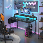Lufeiya Small Desk with Power Outlets and LED Lights, 32 Inch Teen Writing Study Table Home Office Computer Desks with Monitor Stand, Gaming Desk with Charging Station, Black