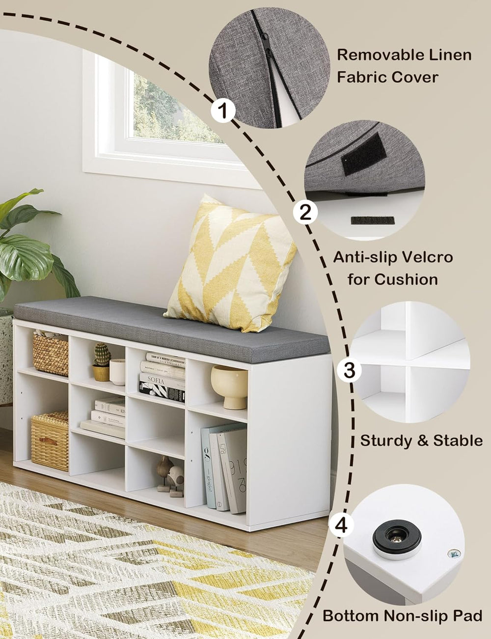 DINZI LVJ Shoe Storage Bench with Cushion, Cubby Shoe Rack with 12 Cubbies, A...