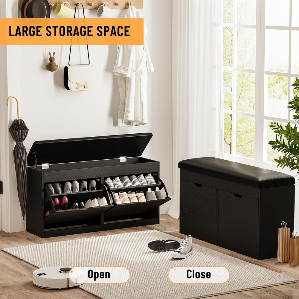40" Shoe Storage Bench with Flip Drawers Padded Seat Cushion, Shoe Cabin...