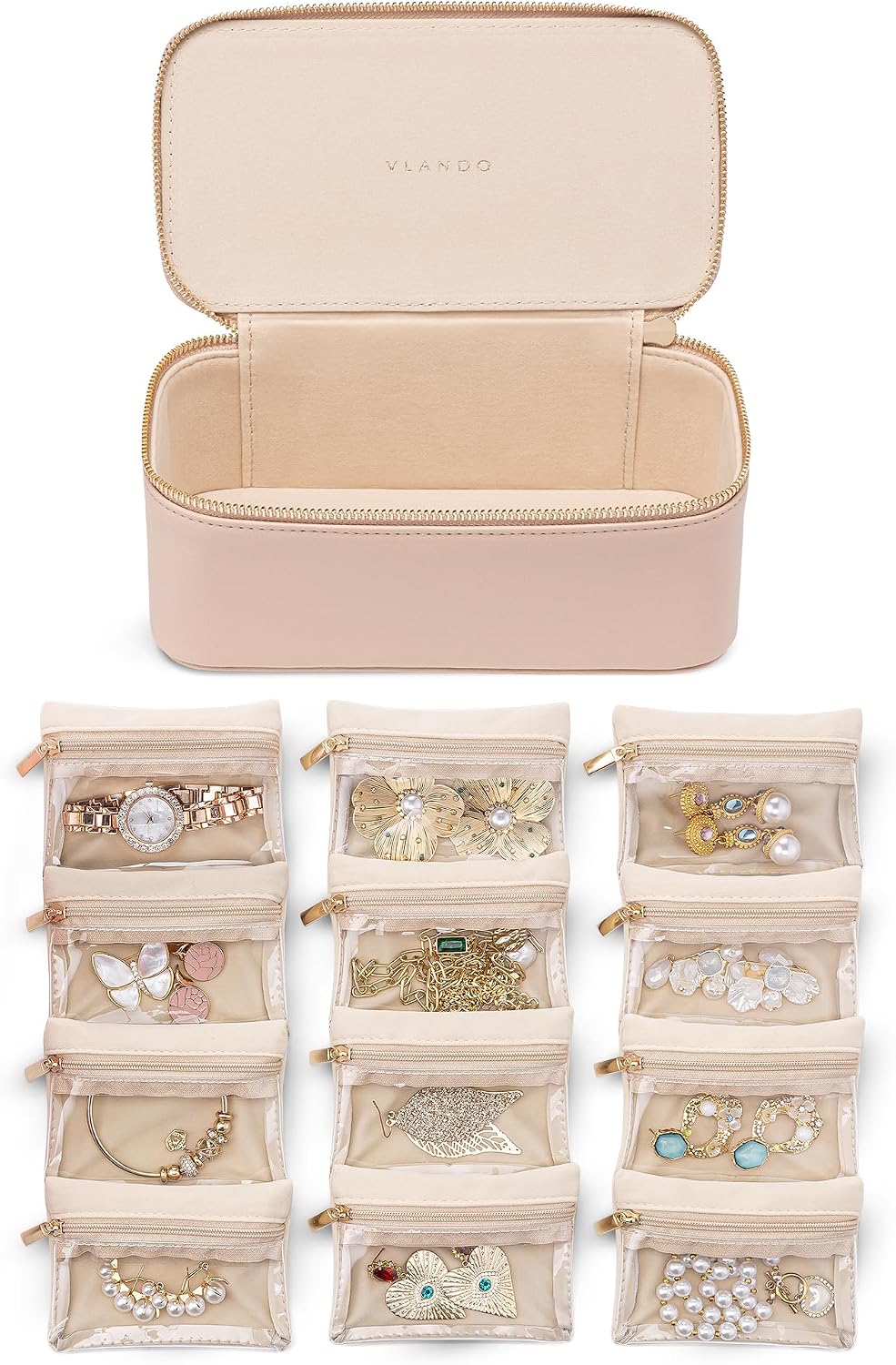VLANDO Travel Jewelry Organizer with 12 Clear Velvet Zipper Pouches,Khaki | Travel Luggage Storage,Rings,Bracelets,Earrings Storage,Women Girls,Bridesmaid,Anniversaries Gift