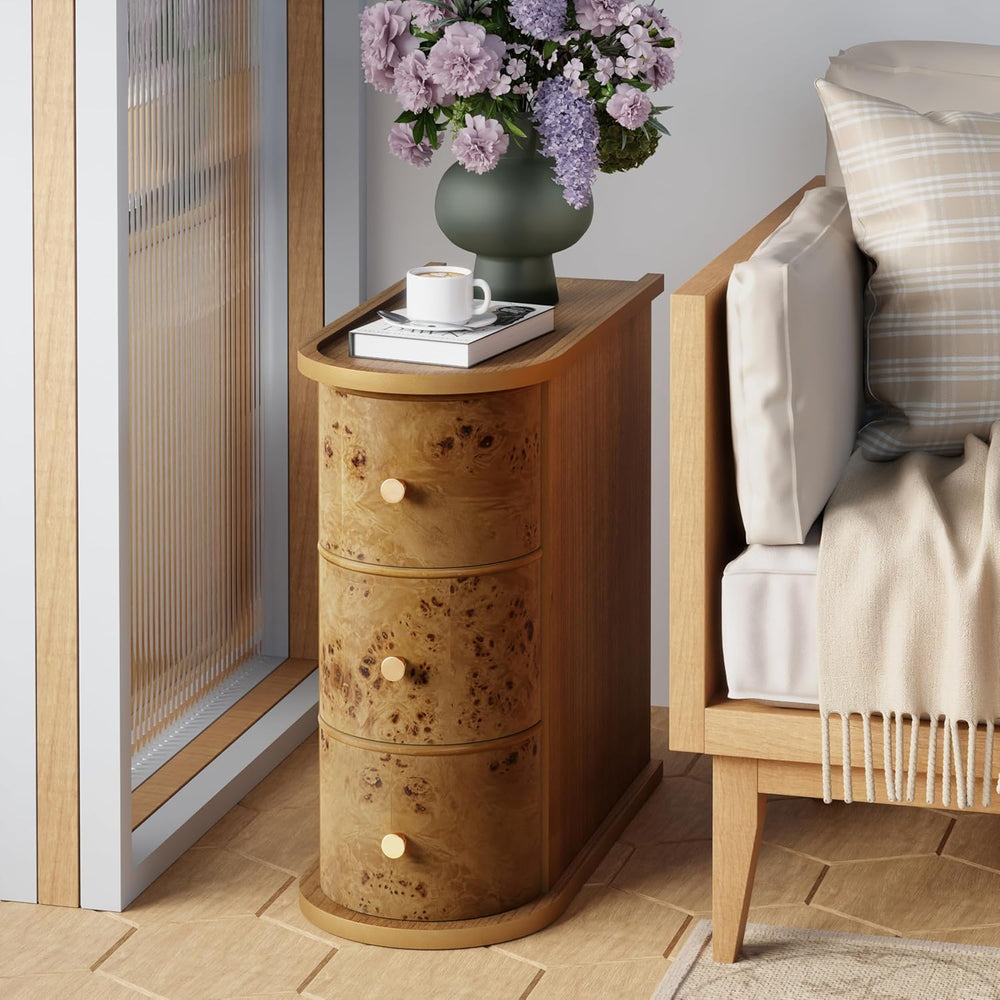 COZAYH 3-Drawer Wood Farmhouse End Table with Burl Finish, Narrow Rustic Sofa...