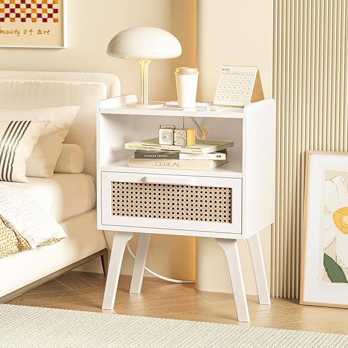 Lerliuo Rattan Nightstands Set of 2 with Charging Station, White Bedside Tabl...