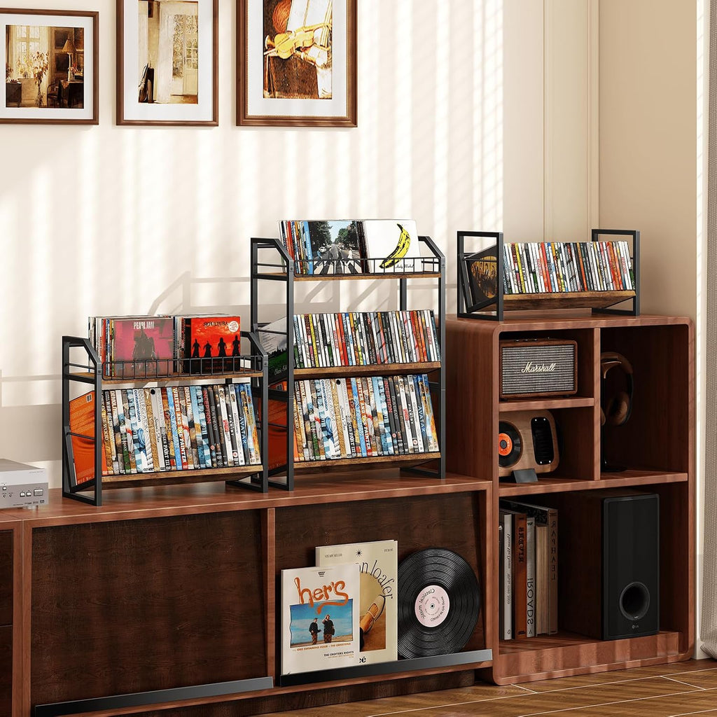 ELITEROO 3-Tier CD Storage Rack, Wood DVD Holder with 2-in-1 Assembly Design, Tilting CD Organizer Tower Holds Up to 112 CDs or 78 DVDs, Table Top DVD Display Stand for Music Enthusiasts, Rustic Brown