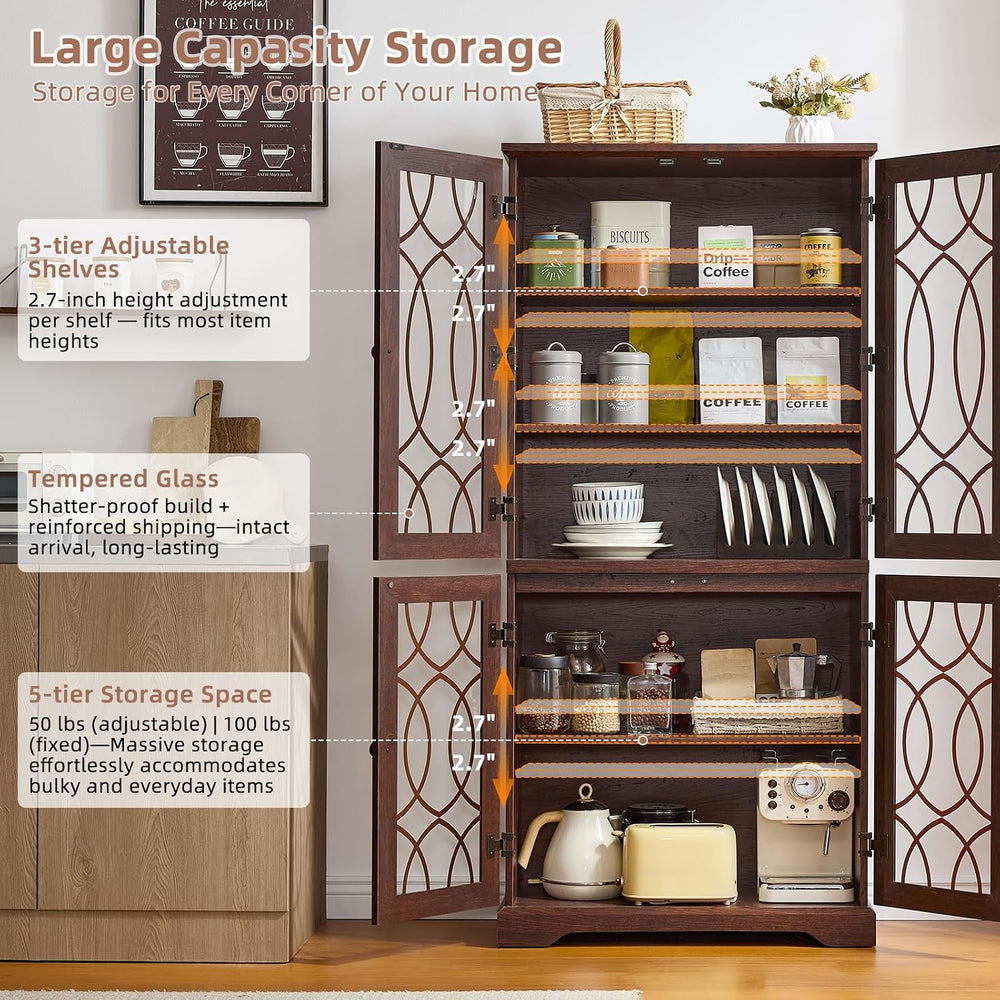 Joaxswe 67" Tall Pantry Cabinet, Wood Kitchen Pantries Cabinets with Gla...