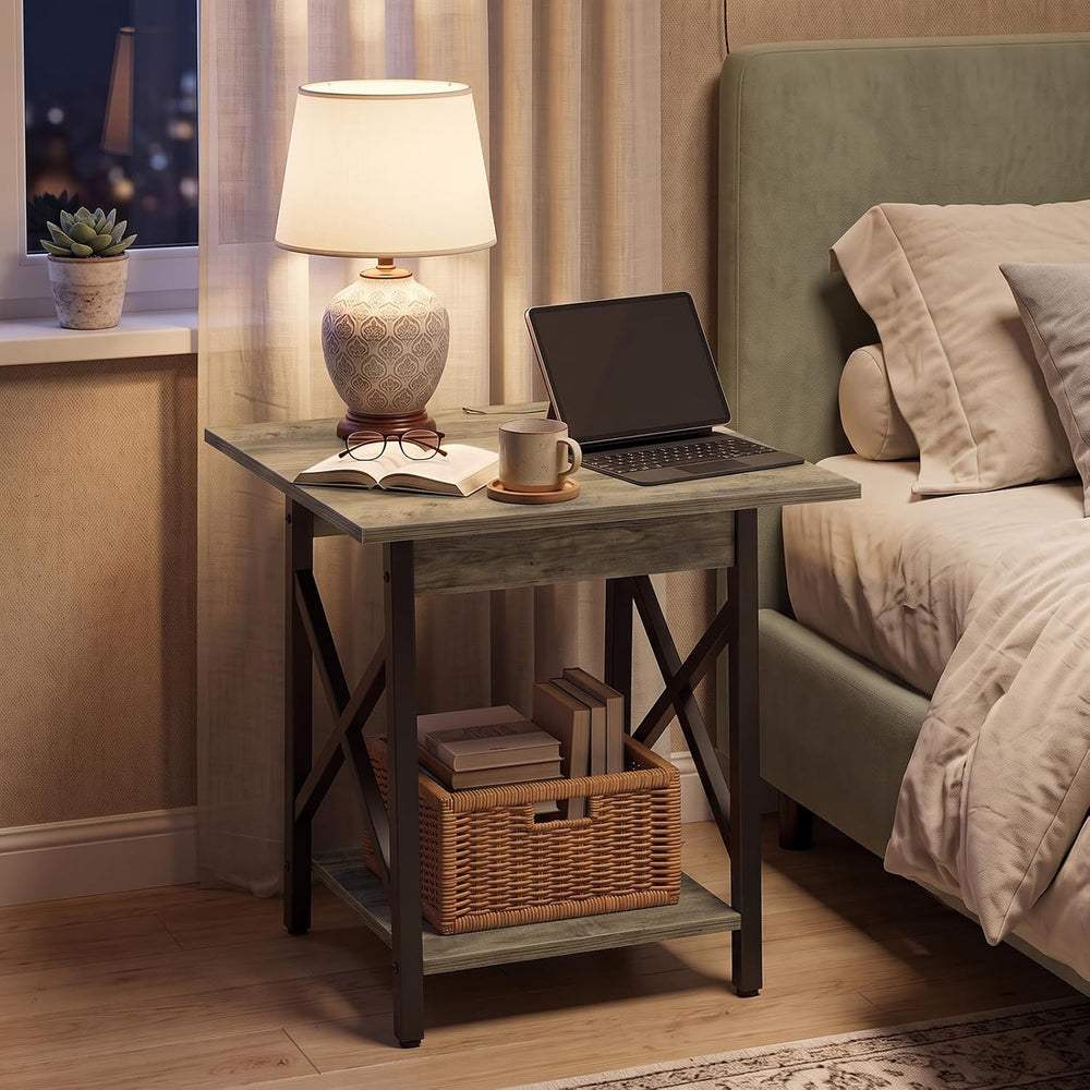 GreenForest 24 Inch Square End Table, X-Frame with Large 2-Tier Storage