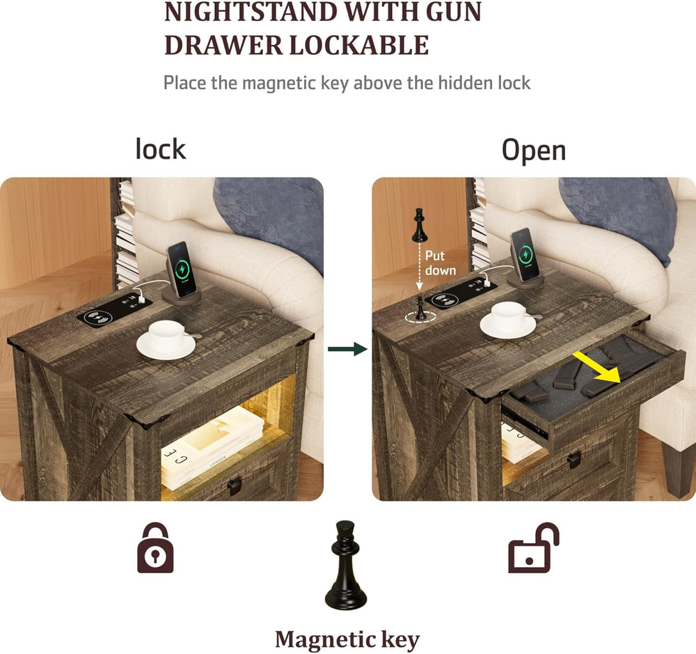 FREDEES LED Nightstand with Gun Drawer, Bedside Table with Charging Station f...