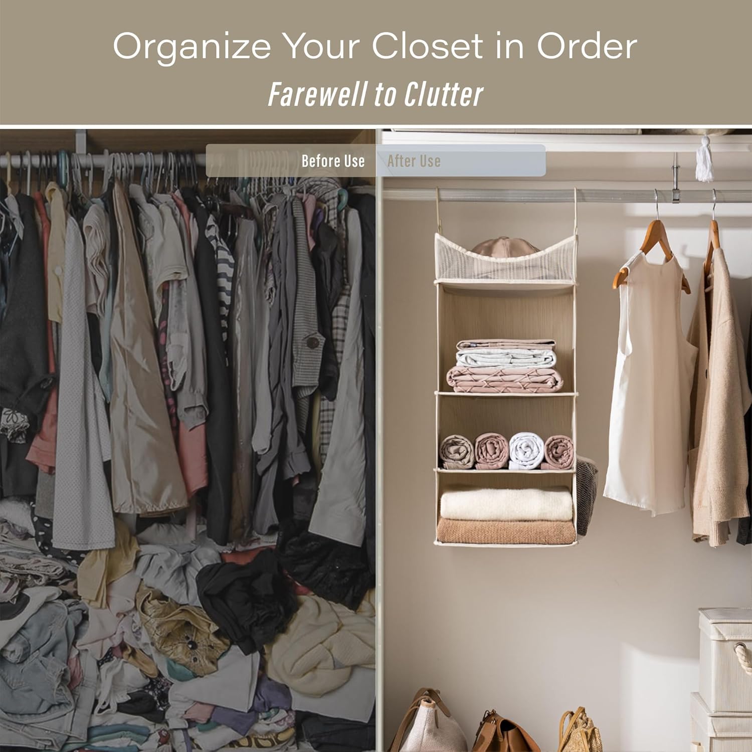 StorageWorks 3-Shelf Hanging Closet Organizer, Adjustable Hanging Closet Organizers and Storage, 12 ¾”W x 12 ¾”D x 32”H, White & Ivory