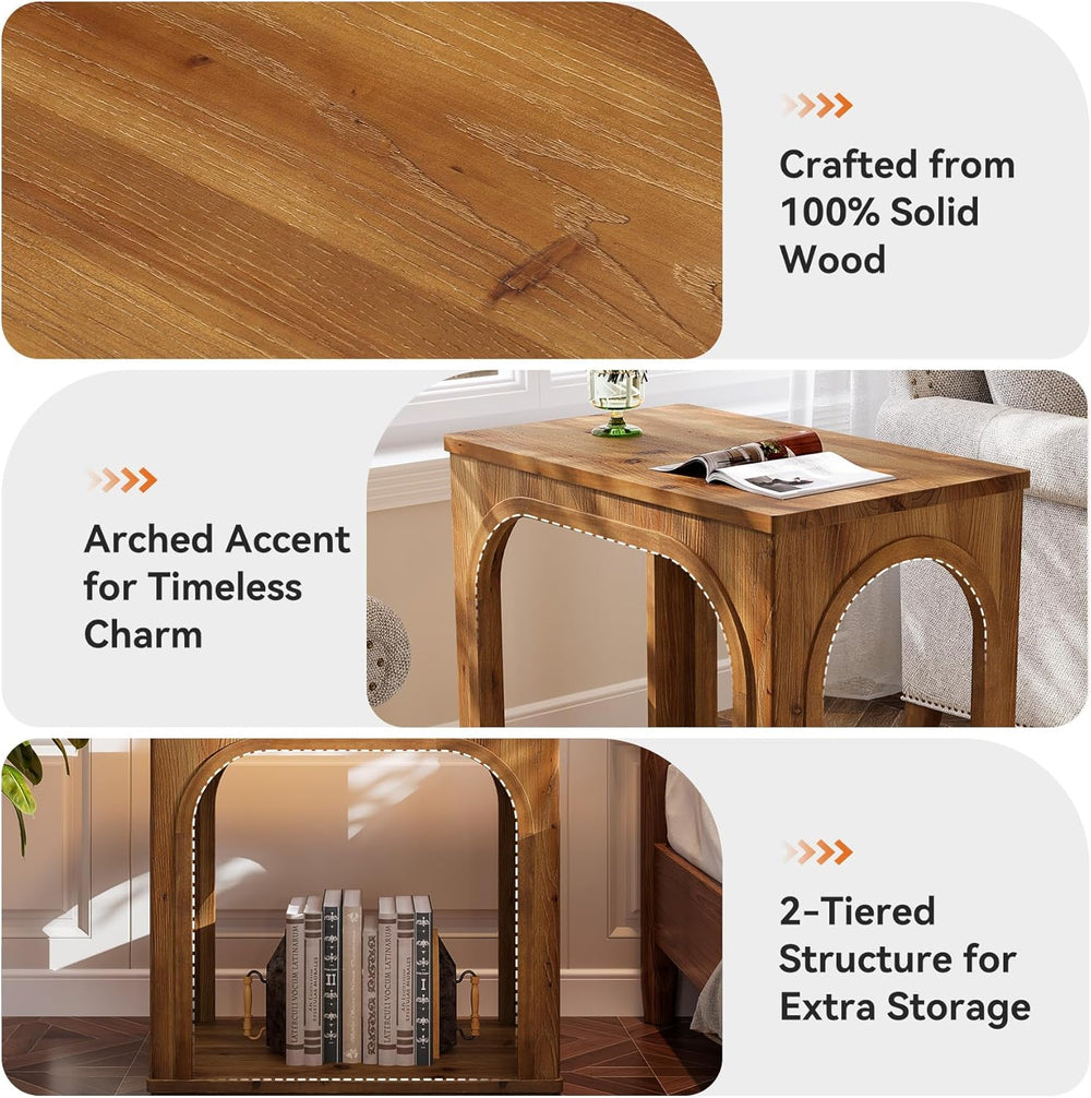Tribesigns Arched Side Table, 2-Tier Farmhouse Solid Wood End Table with Bott...