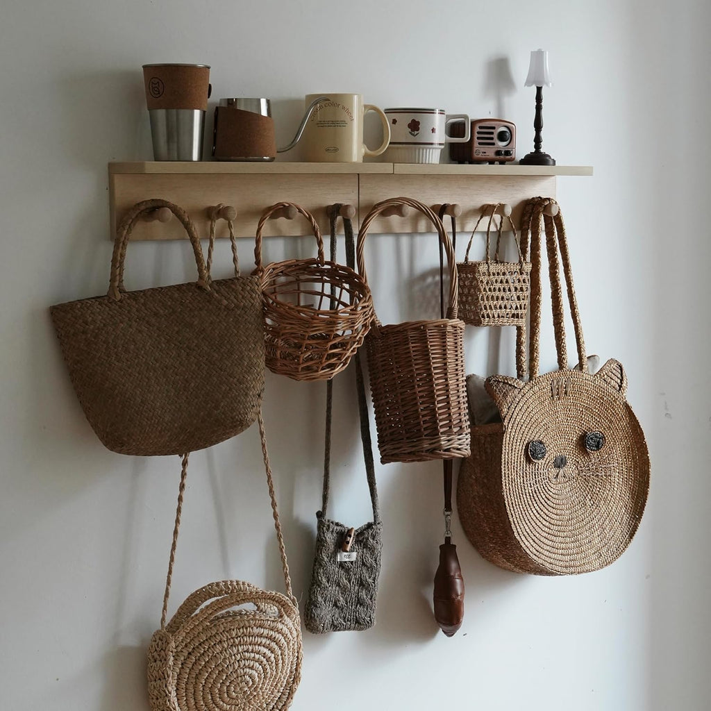 Entrance Coat Rack ，Coat Hooks, Wall-Mounted Wooden Hook Rack, Wall-Mounted Shelves are Very Suitable (2PC-Birch Colored Finish)