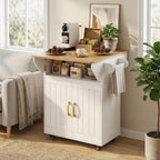 MAHANCRIS Kitchen Island on Wheels, Rolling Island Cart with Drop Leaf, Mobile Kitchen Island with Storage, Kitchen Island Table with Adjustable Shelf and Hooks, for Kitchen White and Natural KIBN9801