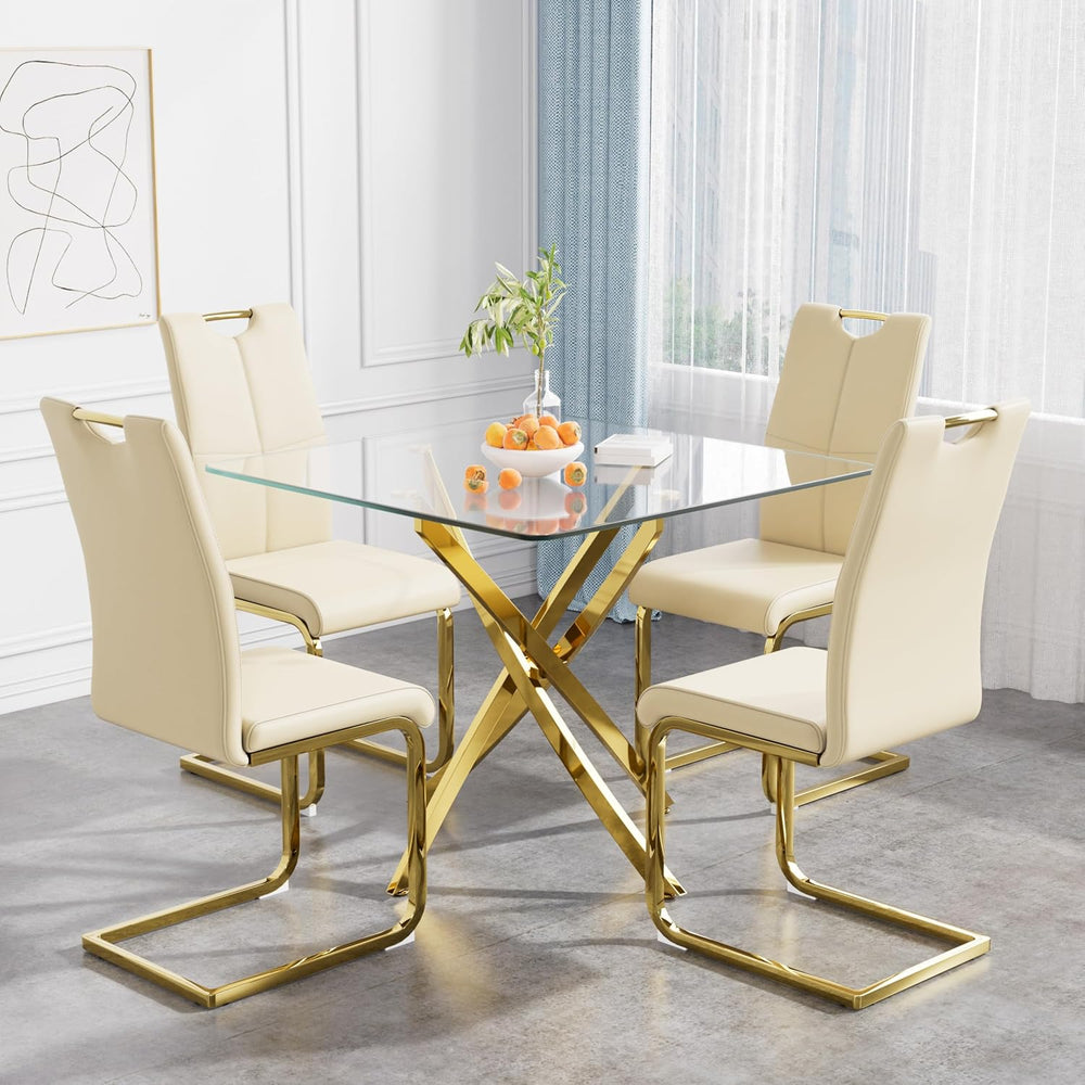 36 Inch Dining Table Set for 4, Modern Square Tempered Glass Top, Gold Finish...