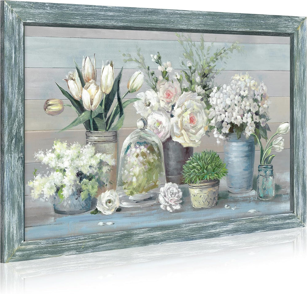 Botanical Flowers in Vase Wall Art：Bouquet Wooden Framed Artwork Print Painti...