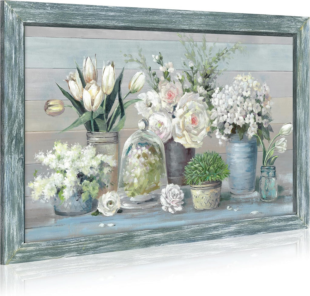 Botanical Flowers in Vase Wall Art：Bouquet Wooden Framed Artwork Print Painting Modern Abstract Floral Nature Plant Picture for Living Room Dinning Room Bedroom Farmhouse