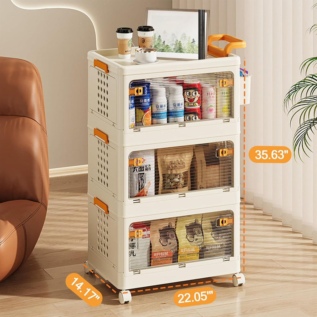 58 QT Storage Bins with Lids, Stackable Rolling Storage Cart with Clear Doors, 3 Tier Storage Cart on Wheels, Plastic Storage Containers for Home, Office, Kitchen, Bedroom, White