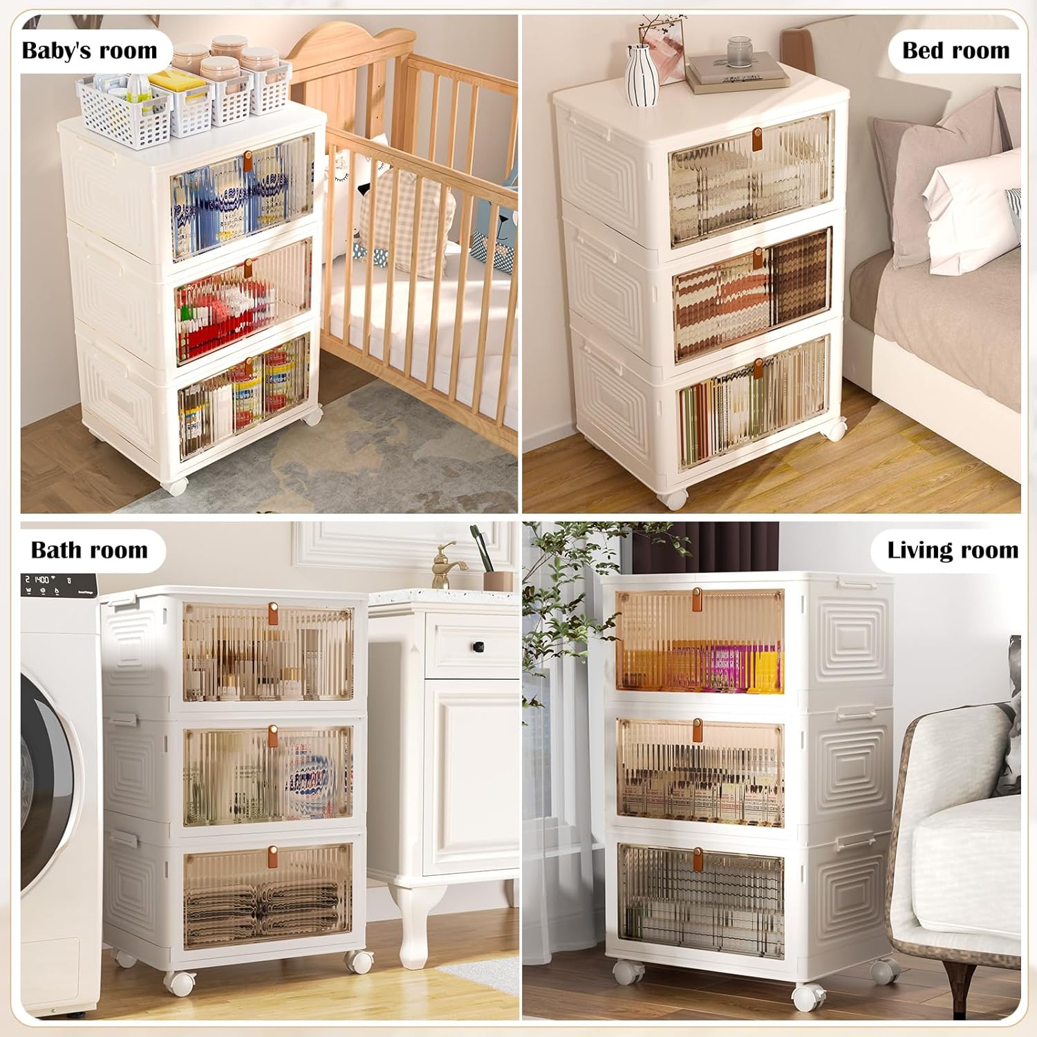 3 Tier Plastic Storage Bins with Lids 35QT, Stackable Storage Containers with Wheels, Folding Storage Boxes, Collapsible Storage Bins, Closet Organizers and Storage for Living Room,Office,Dorm