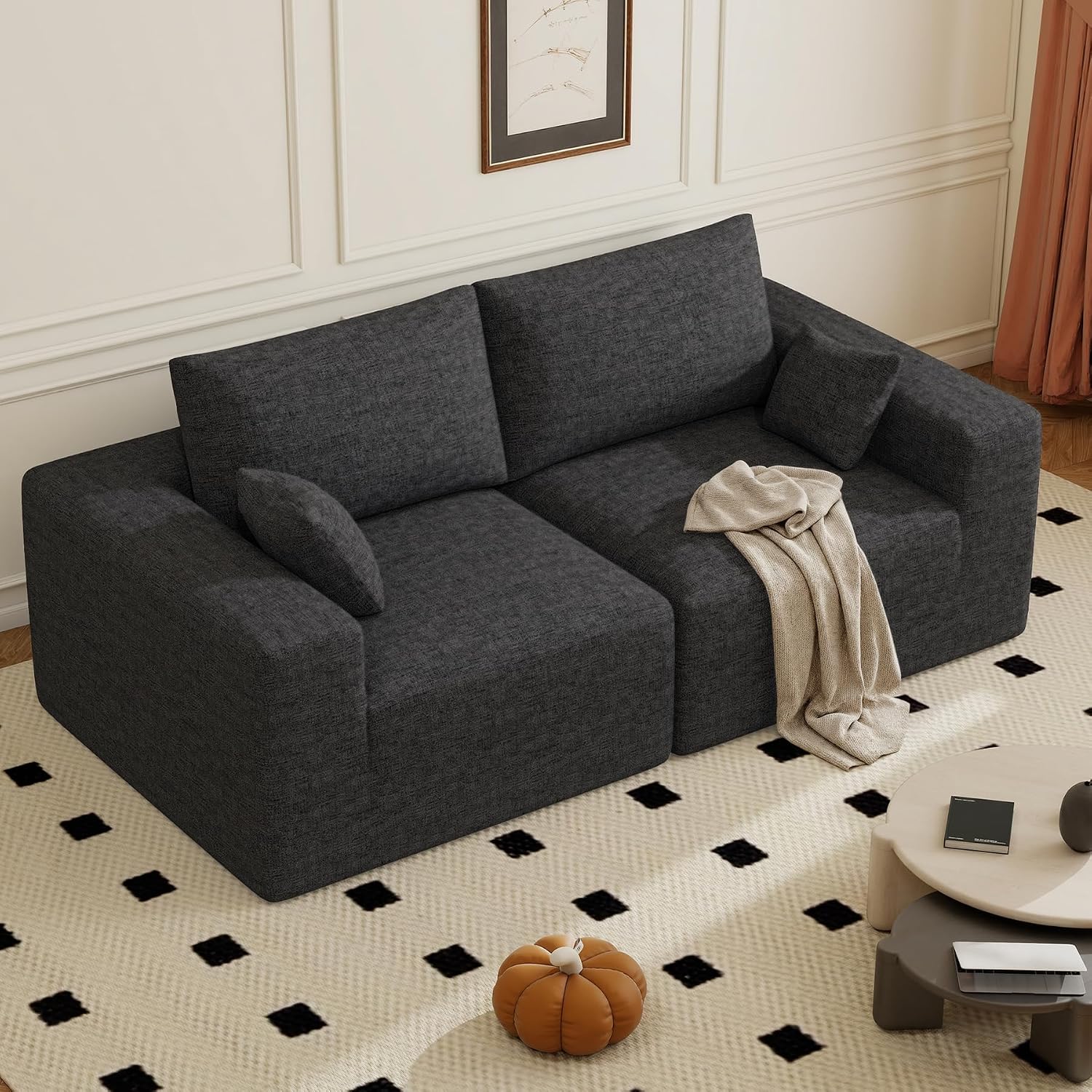 81" Cloud Loveseat Sofa in a Box, No Assembly Required Comfy Deep Seat Chenille Boneless Couch, Modern Small Couches for Living Room, Apartment, Black
