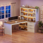 SEDETA Farmhouse L Shaped Computer Desk, 59'' Wood Office Desk with 3 Drawers and 5-Tier Bookshelf, Corner Desk with Storage Shelves and Power Outlet for Home Office Small Space, Vintage White + Brown