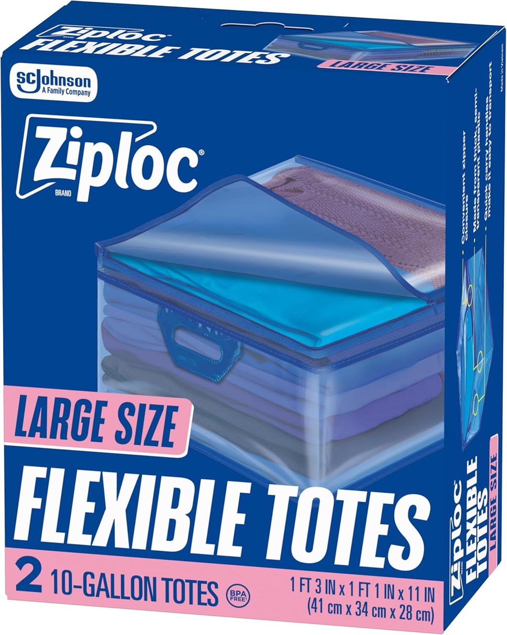 Ziploc Flexible Totes, Large Size, 10 Gallon, 2 Count Organizing Tote with Zipper and Built‑In Handles, Flexible & Stackable Clothing and Home Storage Bag