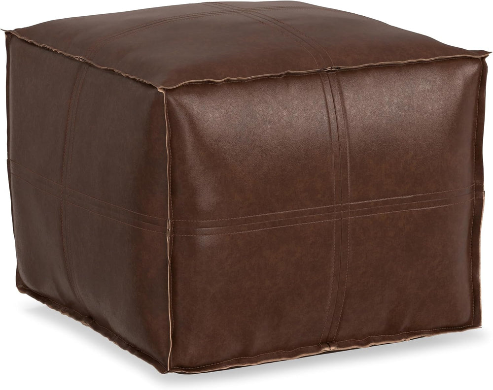 SIMPLIHOME Brody 18" Wide Square Pouf in Distressed Dark Brown Faux Leat...