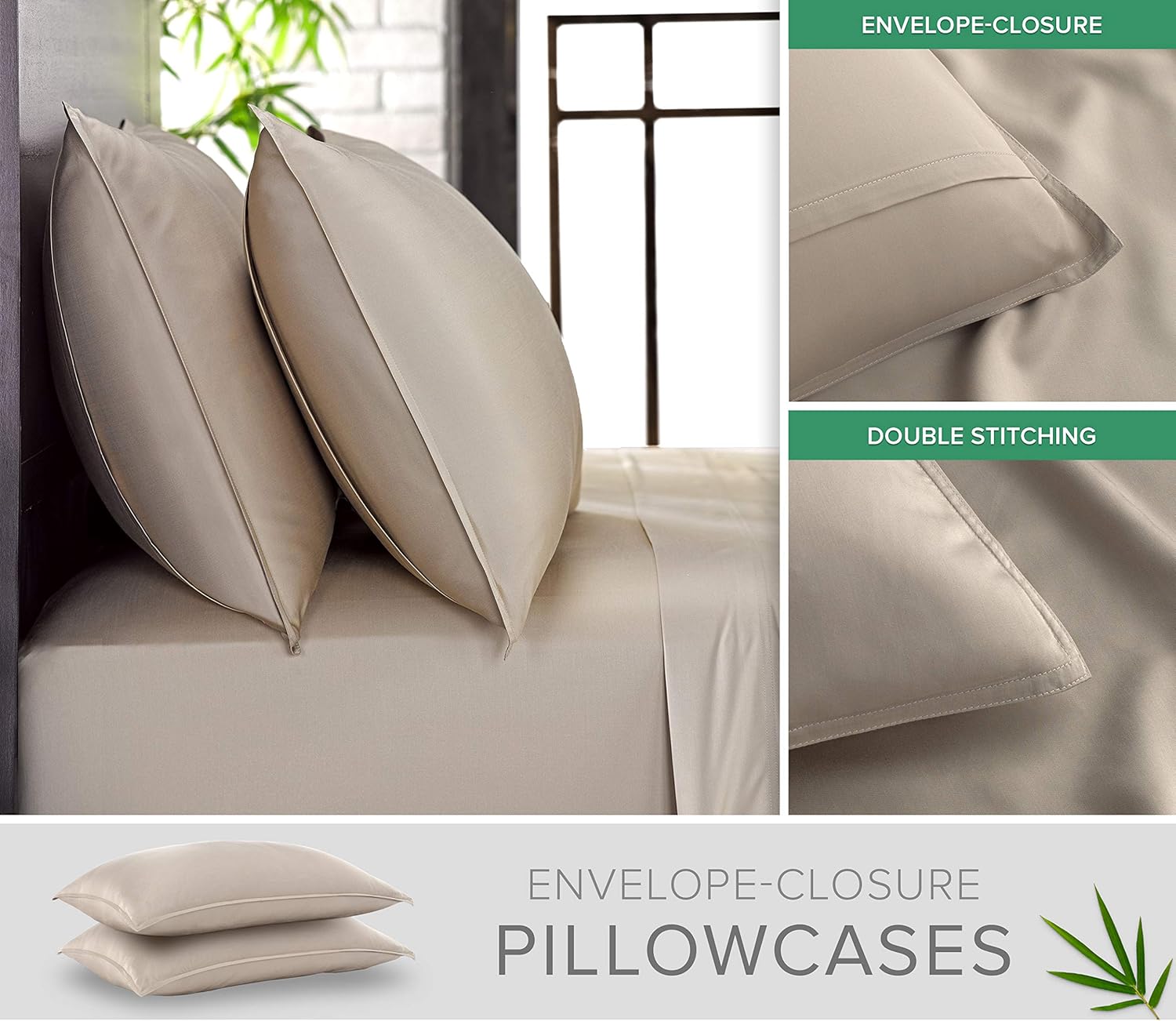 Queen Pillowcases by Pure Bamboo, Genuine 100% Organic Viscose Derived from Bamboo, Luxuriously Soft & Cooling, Double Stitching, Envelope Closure (2 Queen Pillowcases, Sand)