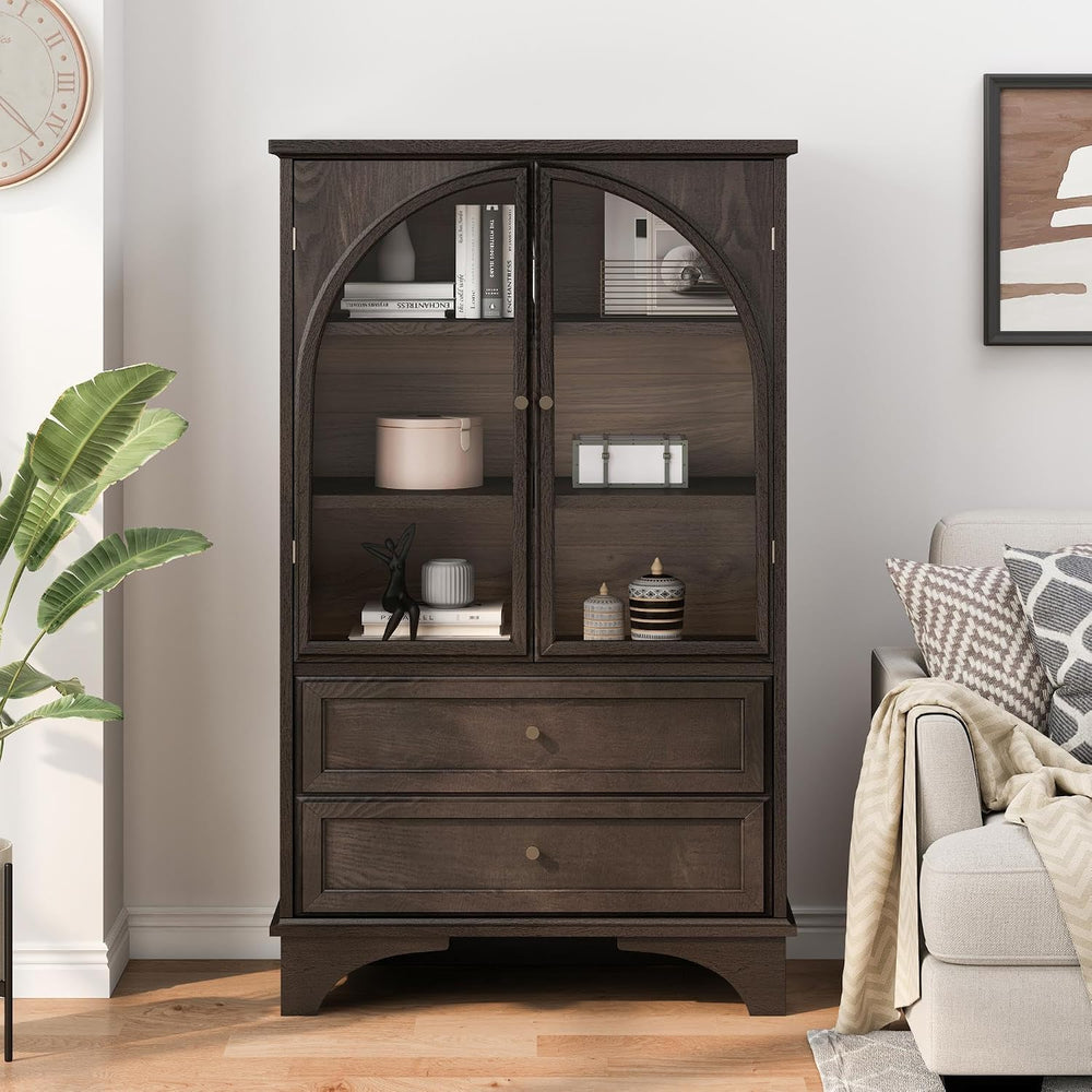 52.17" Tall Display Cabinet with Arched Glass Doors (Brown) | Farmhouse ...