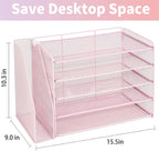 OPNICE 5-Tier Paper Organizer with Magazine Holder, Desk Organizers and Accessories, Office Desk Accessories & Workspace Organizers, Desktop File Organizer for Office Supplies Storage, Pink