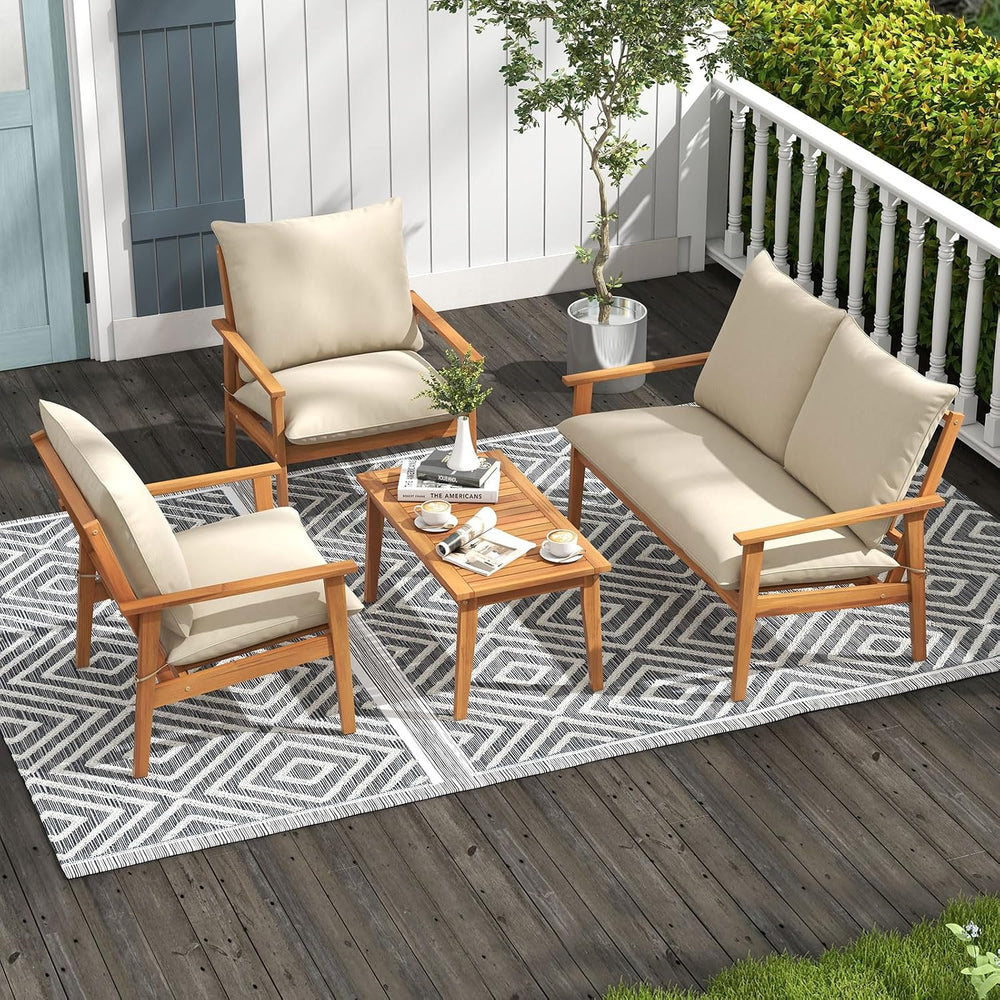 Tangkula 4 Pieces Patio Furniture Set, Outdoor Acacia Wood Conversation Set w...