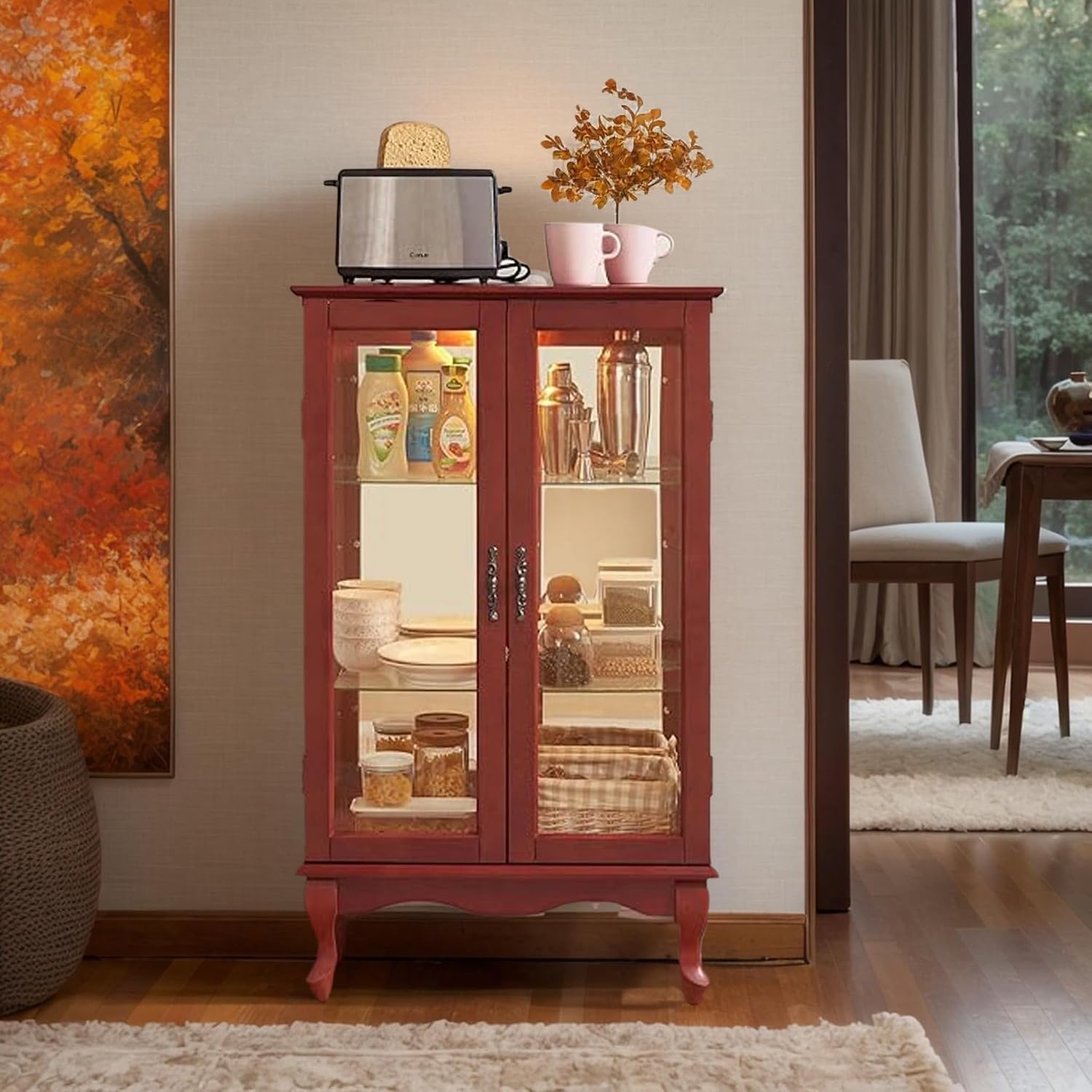 44" Small Lighted Glass Accent Curio Cabinet, Vintage China Cage with 2 Tempered Glass Doors & Adjustable Shelves, Acrylic Mirrored Pane, Elegant Wine Artwork Showcase Rack for Living Room (Cherry)