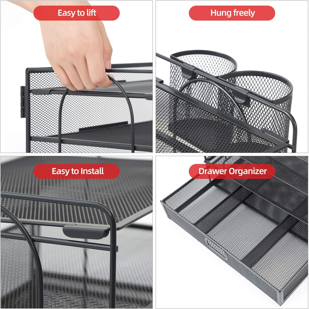 Marbrasse Desk Organizer and Accessories4-Tier Paper File Letter Tray Accessories & Workspace Desk Organizers with Drawer and 2 Pen Holders for School Home Office Supplies (Black)