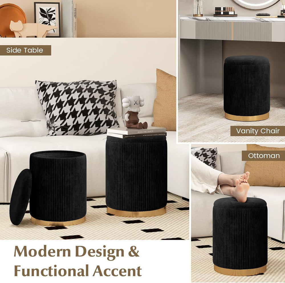 GOFLAME Round Velvet Storage Ottoman Set of 2, Upholstered Footrest with Gold...