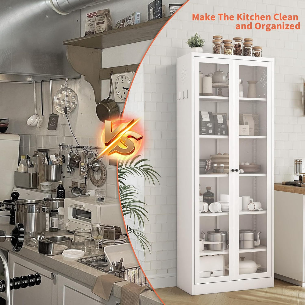 IKIMI 72" Metal Storage Cabinets with Glass Doors and 5 Shelves,White Ki...