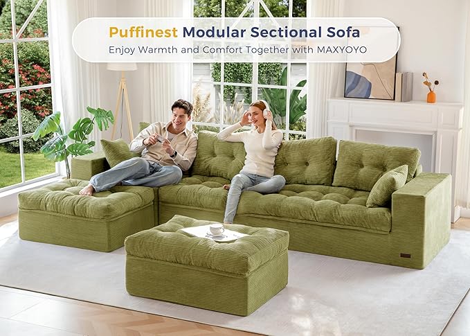 MAXYOYO 132" U Shaped Modular Sectional Sofa with 2 Ottomans, Cloud Boneless Couch with Layered Cushion, Flexible Module Combination Sofa for Living Room, No Assembly Required, Green