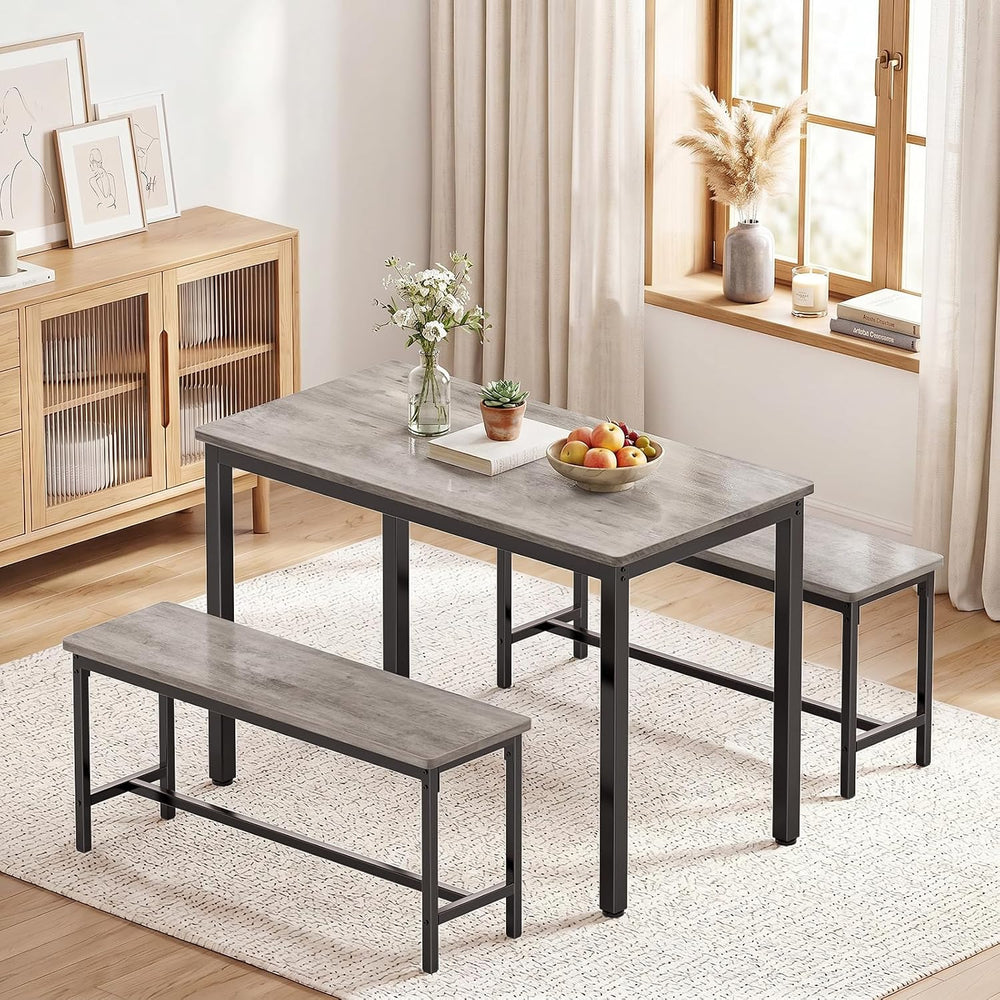 Dining Table Set for 4, Kitchen Table with 2 Benchs, Grey | Modern Functional...