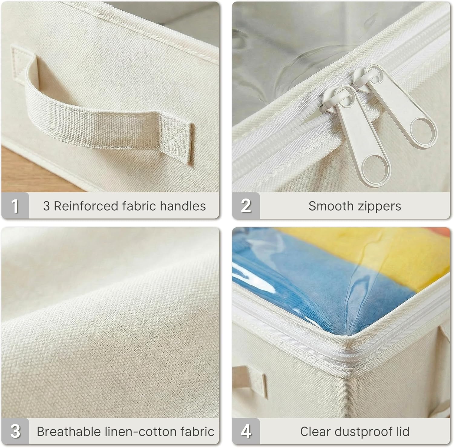 2-Pack Under Bed Storage Containers, 4.5 Inches Tall Clothes Storage, Beige | Low Profile Collapsible Underbed Organizer Bin with Sturdy Sidewalls/Bottom, Cotton-linen, For Seasonal Clothes & Bedding