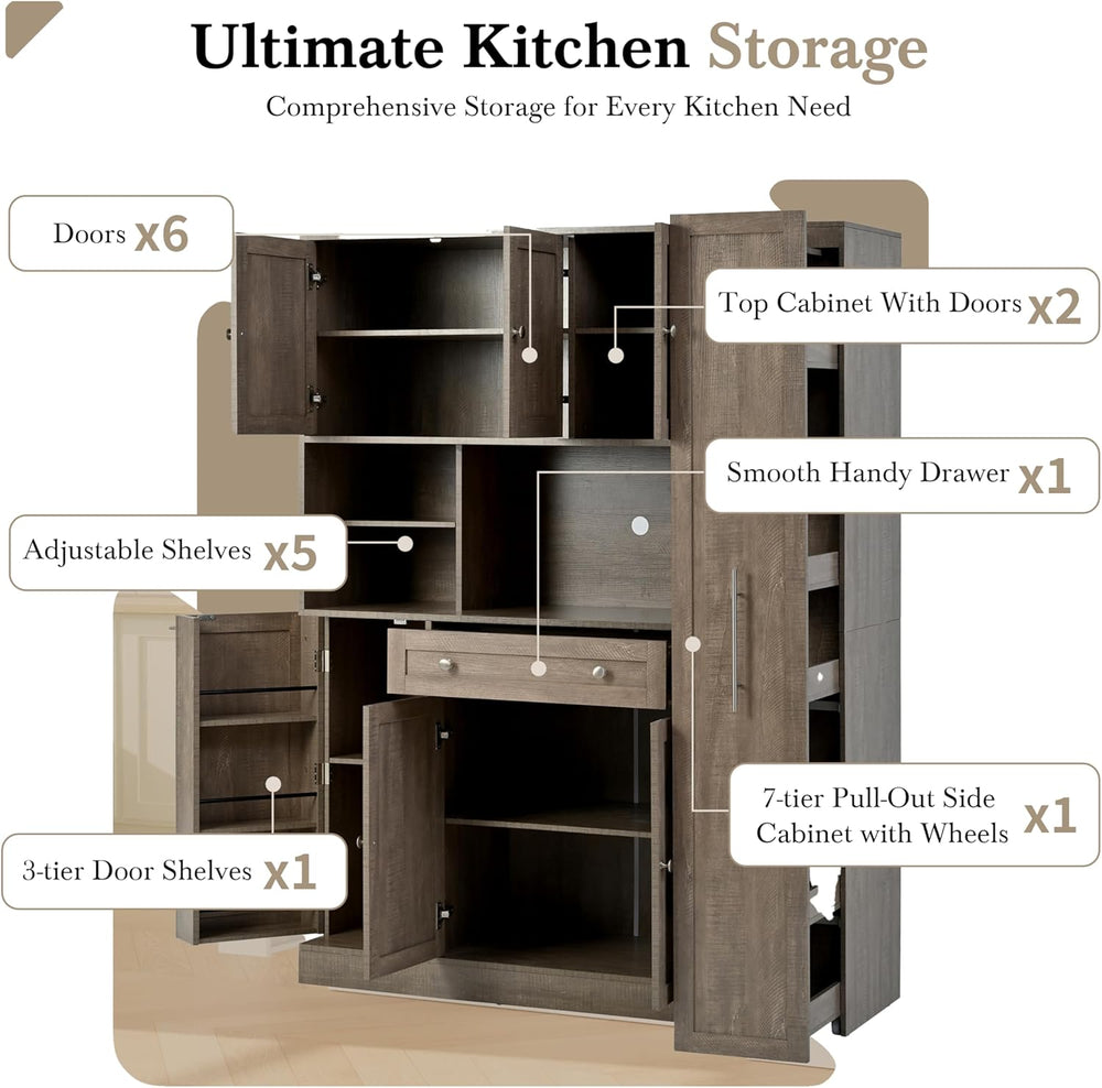 roomfitters Large Kitchen Pantry Cabinet with Pull-Out Side Storage and Hutch...