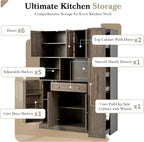 Merax Farmhouse Pantry Storage Cabinet, Freestanding Buffet Cabinet with Pull-Out Side Cabinet, Door Shelves and Drawer, Kitchen Hutch with Doors,Brown(52.8x17.7x70)