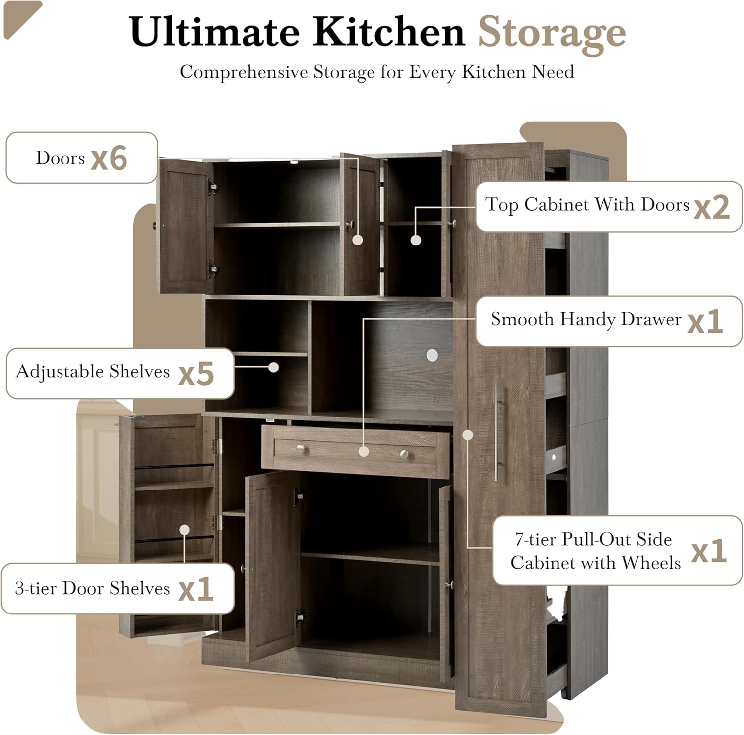 Merax Farmhouse Pantry Storage Cabinet, Freestanding Buffet Cabinet with Pull-Out Side Cabinet, Door Shelves and Drawer, Kitchen Hutch with Doors,Brown(52.8x17.7x70)