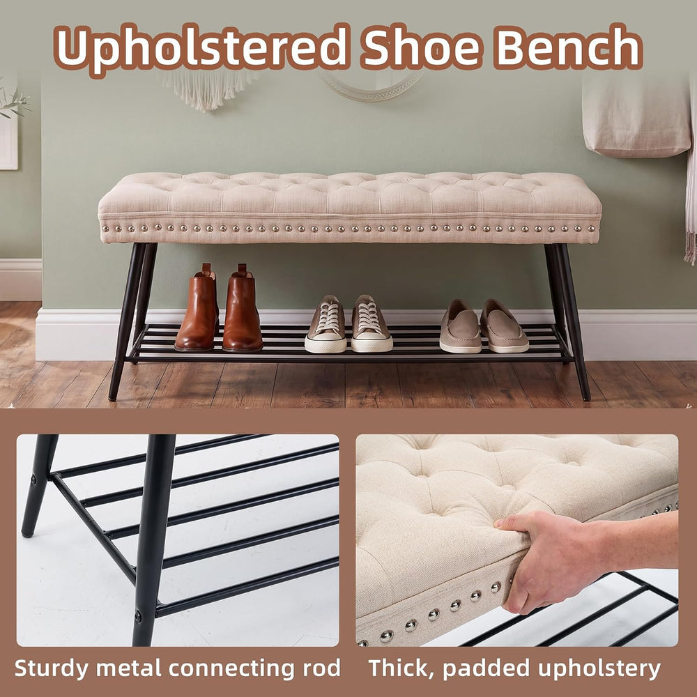 Mistpople Thick Cushioned Shoe Bench, Entryway Bench with Metal Shoe Rack, Up...