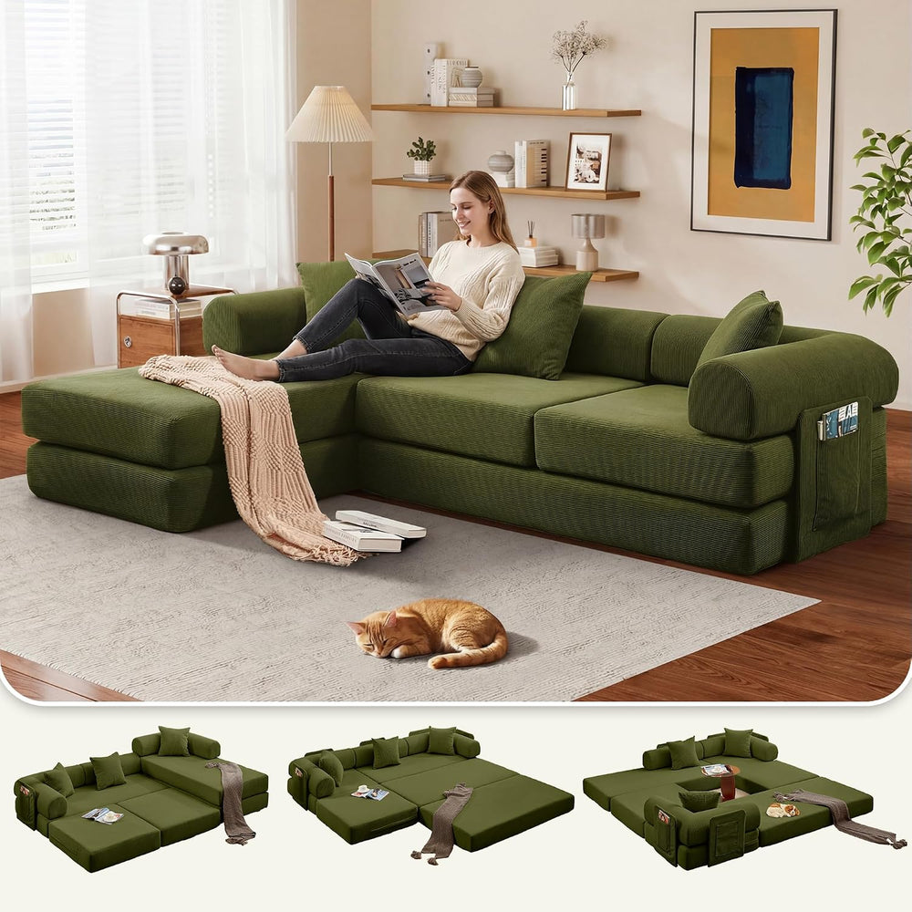 L Shaped Modular Sofa Bed with Cylindrical Pillow & Reversible Chaise, Co...
