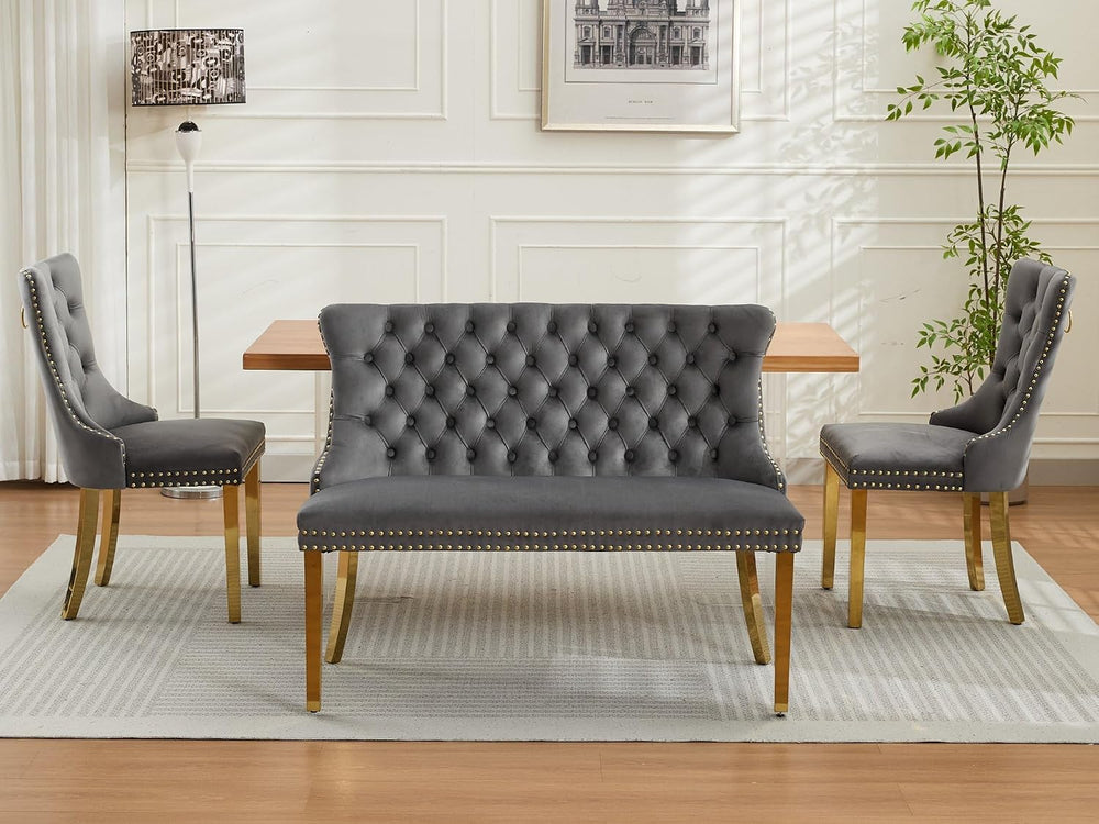 Velvet Upholstered Dining Bench with Back, 45.6'' Tufted Loveseat Ben...