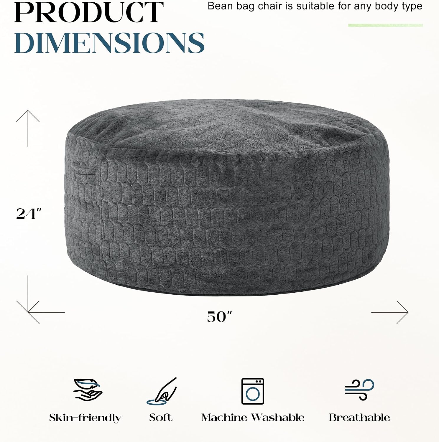 Hobestluk Adults Bean Bag Chair 5FT Big BeanBag Chair Giant Large Oversized | Memory Foam,Washable Cover,Unique Fluffy Plaid,Comfy Filled Big Bean Bag Lounging Gaming Bedroom Living Room | Dark Grey 5FT