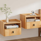 Floating Nightstand Set of 2, Modern Wall Mount Bedside Table with Drawer & Open Shelf, Space-Saving Night Stands with Charging Station, Natural Wood Finish for Bedroom
