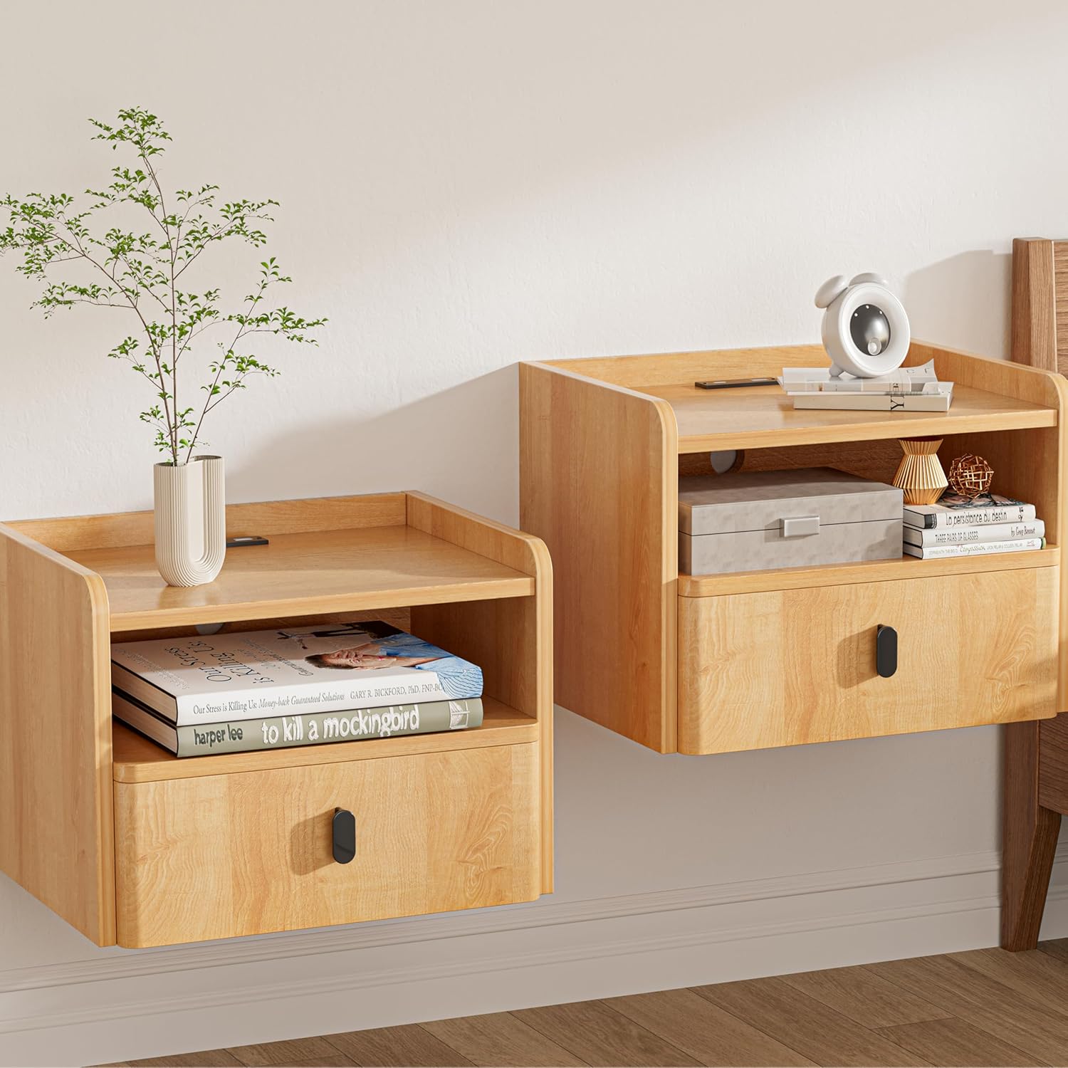 Floating Nightstand Set of 2, Modern Wall Mount Bedside Table with Drawer & Open Shelf, Space-Saving Night Stands with Charging Station, Natural Wood Finish for Bedroom